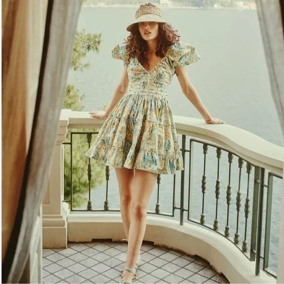 NWOT Agua by Agua Bendita Yellow and Blue Patterned Mini Dress